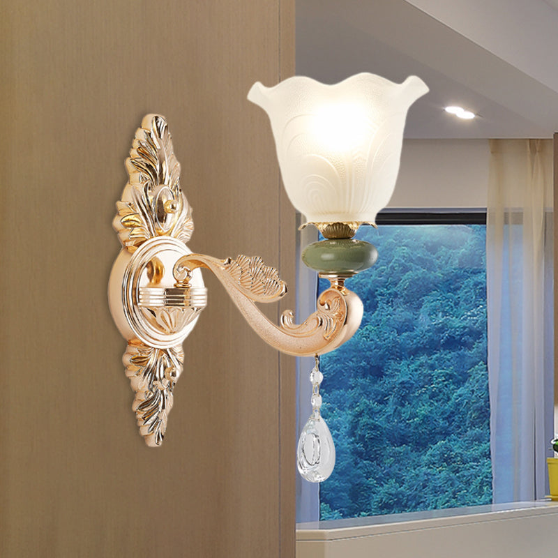 Traditional Ruffle Shade Wall Light 1/2-Bulb Opal Frosted Glass Sconce Lighting in Gold 1.0 Gold Clearhalo 'Wall Lamps & Sconces' 'Wall Lights' Lighting' 982951