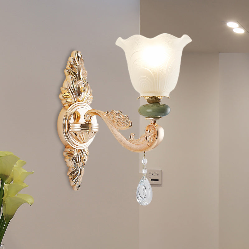 Traditional Ruffle Shade Wall Light 1/2-Bulb Opal Frosted Glass Sconce Lighting in Gold Clearhalo 'Wall Lamps & Sconces' 'Wall Lights' Lighting' 982952