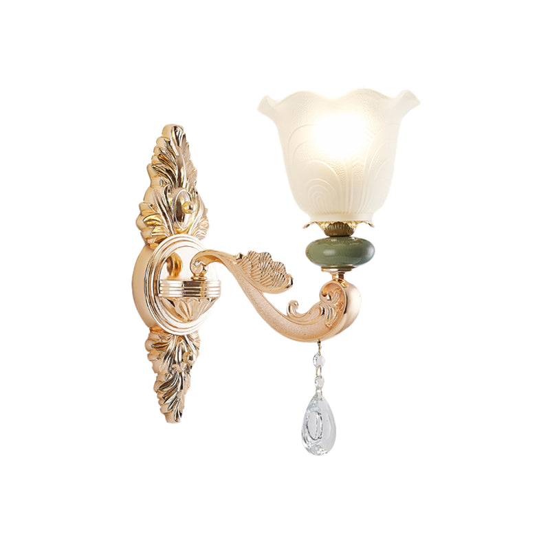 Traditional Ruffle Shade Wall Light 1/2-Bulb Opal Frosted Glass Sconce Lighting in Gold Clearhalo 'Wall Lamps & Sconces' 'Wall Lights' Lighting' 982953