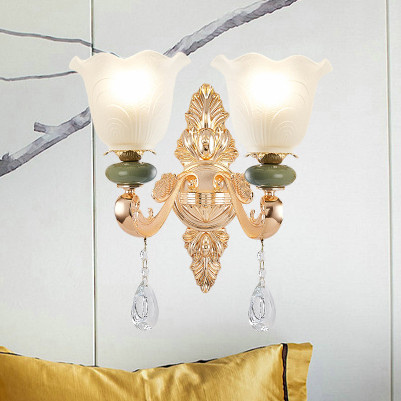 Traditional Ruffle Shade Wall Light 1/2-Bulb Opal Frosted Glass Sconce Lighting in Gold 2.0 Gold Clearhalo 'Wall Lamps & Sconces' 'Wall Lights' Lighting' 982955