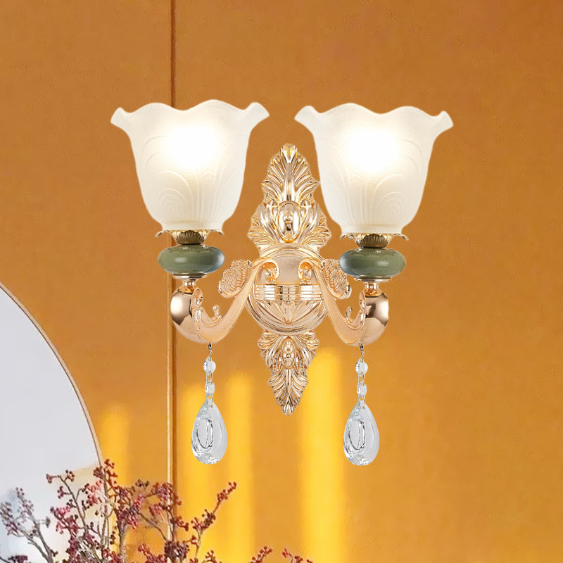 Traditional Ruffle Shade Wall Light 1/2-Bulb Opal Frosted Glass Sconce Lighting in Gold Clearhalo 'Wall Lamps & Sconces' 'Wall Lights' Lighting' 982957