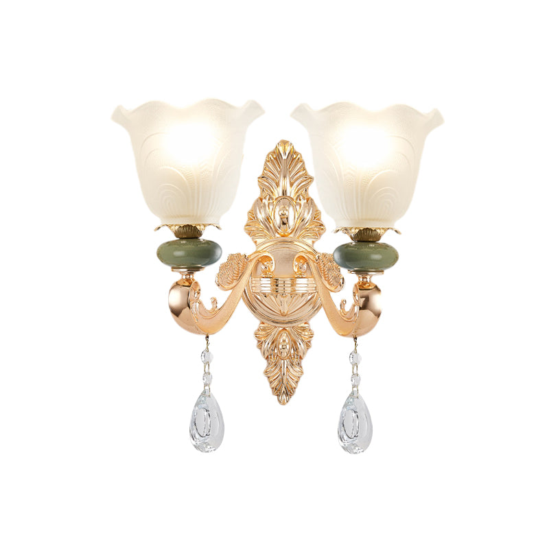 Traditional Ruffle Shade Wall Light 1/2-Bulb Opal Frosted Glass Sconce Lighting in Gold Clearhalo 'Wall Lamps & Sconces' 'Wall Lights' Lighting' 982958