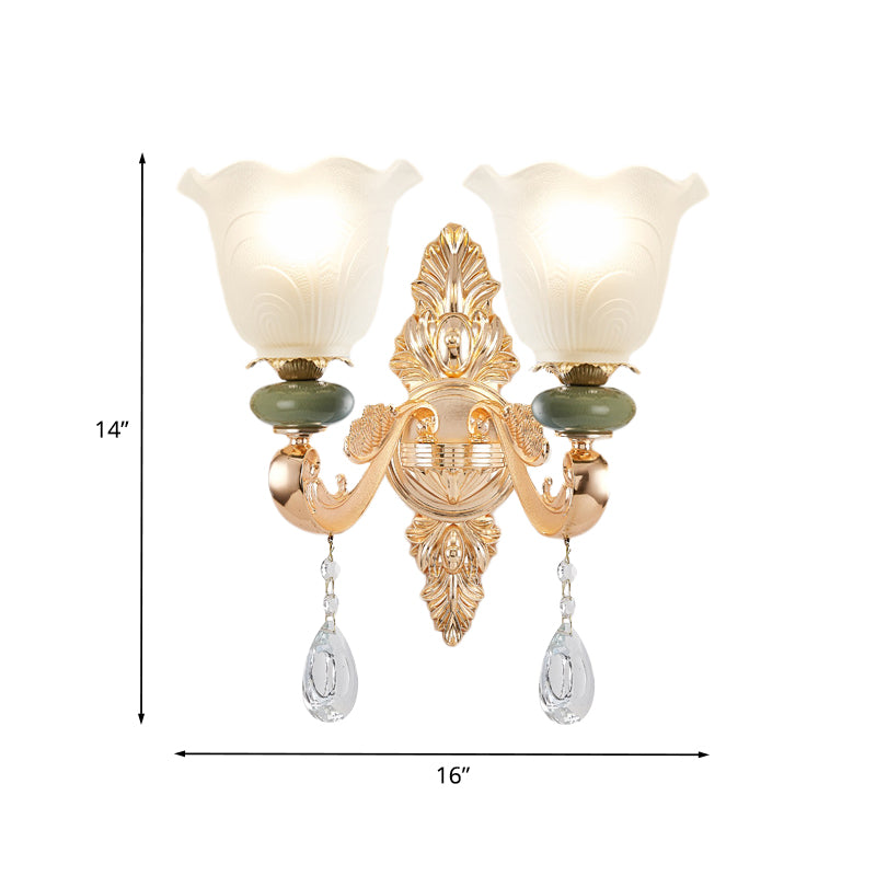 Traditional Ruffle Shade Wall Light 1/2-Bulb Opal Frosted Glass Sconce Lighting in Gold Clearhalo 'Wall Lamps & Sconces' 'Wall Lights' Lighting' 982959