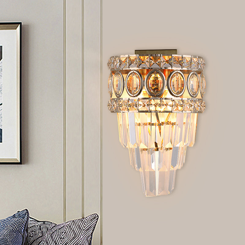 Crystal Tapered Wall Lighting Postmodern 2 Lights Living Room Flush Mount with Gold Circle/Grid Frame Gold A Clearhalo 'Wall Lamps & Sconces' 'Wall Lights' Lighting' 982972