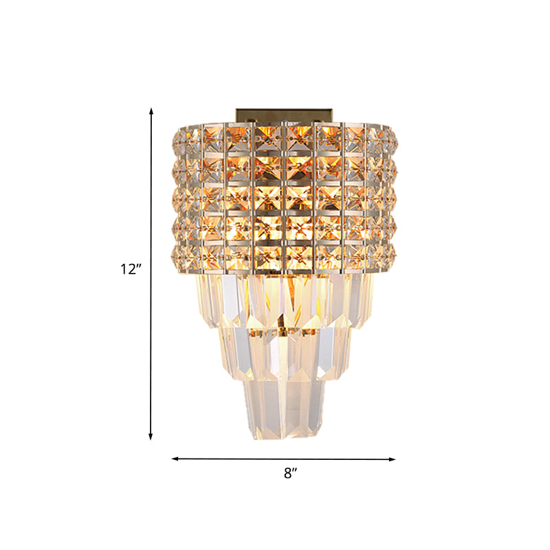 Crystal Tapered Wall Lighting Postmodern 2 Lights Living Room Flush Mount with Gold Circle/Grid Frame Clearhalo 'Wall Lamps & Sconces' 'Wall Lights' Lighting' 982980