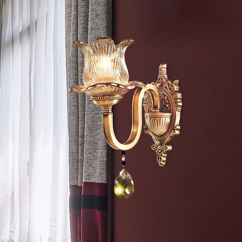 Single Hand Blown Ribbed Glass Wall Lamp Antique Gold Flower Bedroom Sconce Light Fixture Gold Clearhalo 'Wall Lamps & Sconces' 'Wall Lights' Lighting' 982981