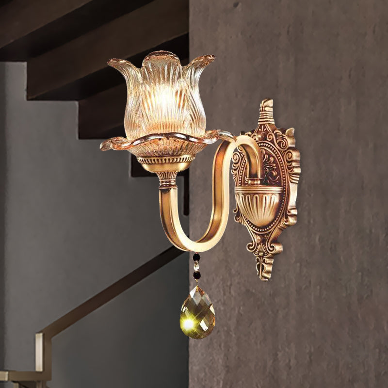 Single Hand Blown Ribbed Glass Wall Lamp Antique Gold Flower Bedroom Sconce Light Fixture Clearhalo 'Wall Lamps & Sconces' 'Wall Lights' Lighting' 982982