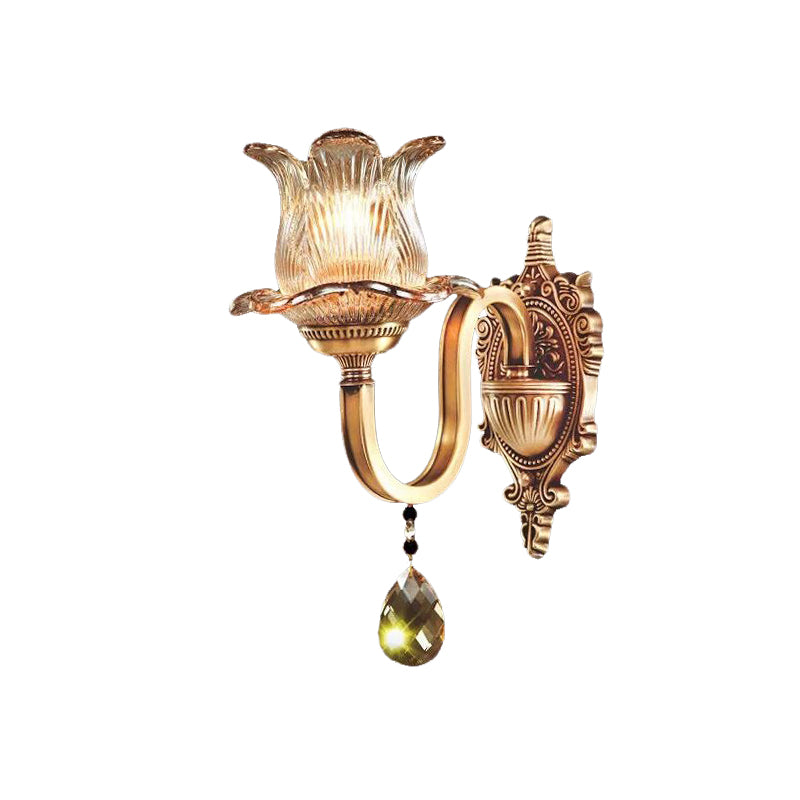 Single Hand Blown Ribbed Glass Wall Lamp Antique Gold Flower Bedroom Sconce Light Fixture Clearhalo 'Wall Lamps & Sconces' 'Wall Lights' Lighting' 982983