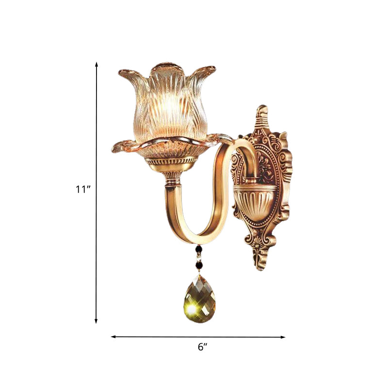 Single Hand Blown Ribbed Glass Wall Lamp Antique Gold Flower Bedroom Sconce Light Fixture Clearhalo 'Wall Lamps & Sconces' 'Wall Lights' Lighting' 982984