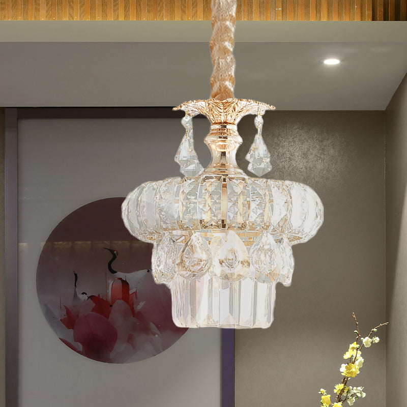 Crystal Lotus/Tiered Pendulum Light Traditional 1 Bulb Dining Room Suspension Pendant in Gold Clearhalo 'Ceiling Lights' 'Pendant Lights' 'Pendants' Lighting' 982994