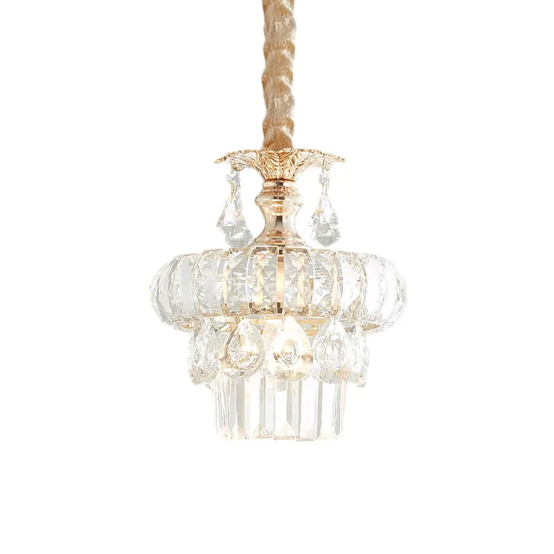 Crystal Lotus/Tiered Pendulum Light Traditional 1 Bulb Dining Room Suspension Pendant in Gold Clearhalo 'Ceiling Lights' 'Pendant Lights' 'Pendants' Lighting' 982995