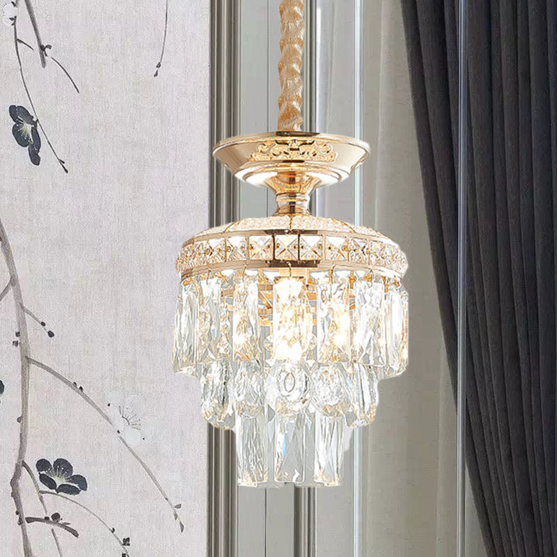 Crystal Lotus/Tiered Pendulum Light Traditional 1 Bulb Dining Room Suspension Pendant in Gold Clearhalo 'Ceiling Lights' 'Pendant Lights' 'Pendants' Lighting' 982999