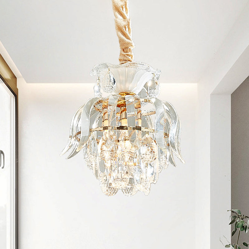 Crystal Lotus/Tiered Pendulum Light Traditional 1 Bulb Dining Room Suspension Pendant in Gold Clearhalo 'Ceiling Lights' 'Pendant Lights' 'Pendants' Lighting' 983002