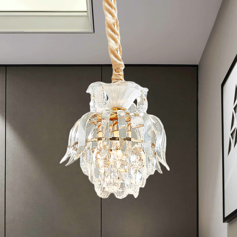 Crystal Lotus/Tiered Pendulum Light Traditional 1 Bulb Dining Room Suspension Pendant in Gold Clearhalo 'Ceiling Lights' 'Pendant Lights' 'Pendants' Lighting' 983003