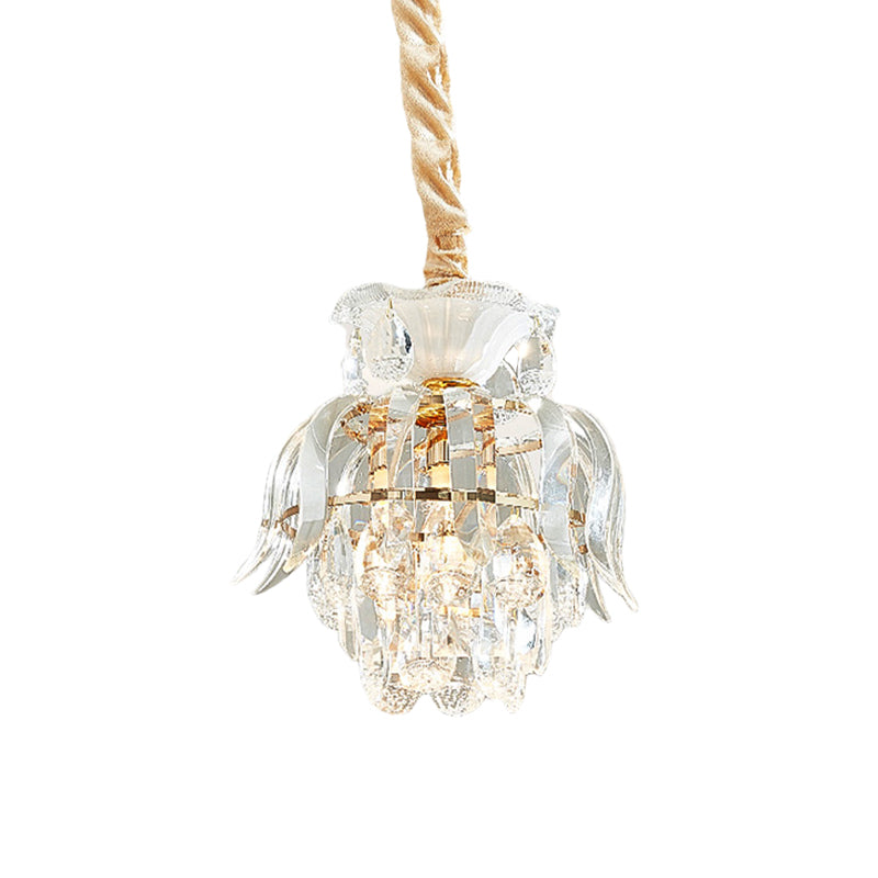 Crystal Lotus/Tiered Pendulum Light Traditional 1 Bulb Dining Room Suspension Pendant in Gold Clearhalo 'Ceiling Lights' 'Pendant Lights' 'Pendants' Lighting' 983005