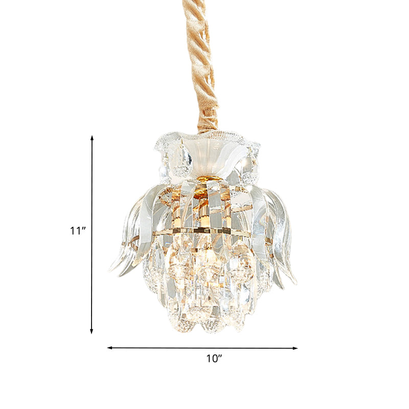 Crystal Lotus/Tiered Pendulum Light Traditional 1 Bulb Dining Room Suspension Pendant in Gold Clearhalo 'Ceiling Lights' 'Pendant Lights' 'Pendants' Lighting' 983006