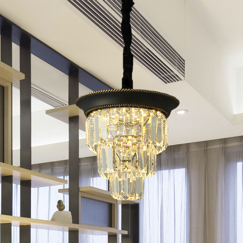 3 Tiers Crystal Rectangle Pendant Light Vintage Style Dining Room LED Hanging Lamp in Black/Gold Clearhalo 'Ceiling Lights' 'Pendant Lights' 'Pendants' Lighting' 983021