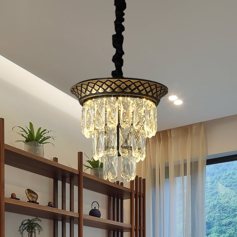 3 Tiers Crystal Rectangle Pendant Light Vintage Style Dining Room LED Hanging Lamp in Black/Gold Clearhalo 'Ceiling Lights' 'Pendant Lights' 'Pendants' Lighting' 983030