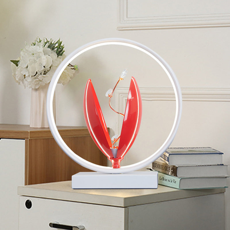 LED Nightstand Light Modern Novelty Flowering Aluminum Table Lamp with Crystal Accent in Black/Red/Pink Clearhalo 'Lamps' 'Table Lamps' Lighting' 983047