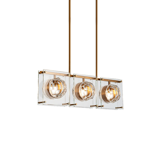 Rectangular Kitchen Island Light Postmodern Clear Crystal 3/4 Heads Gold Hanging Lamp Kit Clearhalo 'Ceiling Lights' 'Island Lights' Lighting' 983057