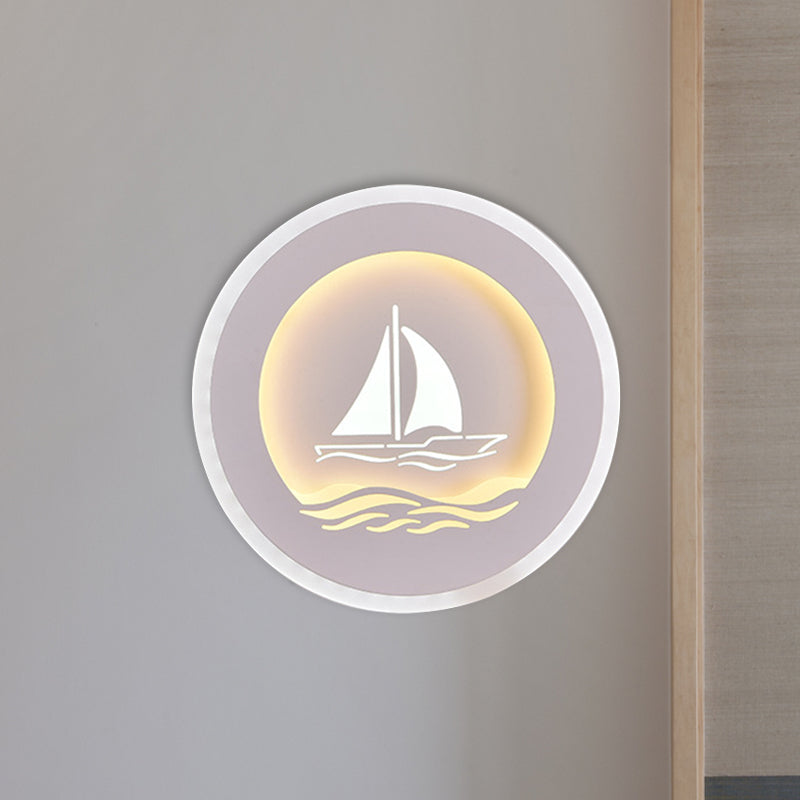 Simplicity Circle Sconce Light with Sailboat/Tree Pattern Acrylic Study Room LED Wall Lighting Fixture in White White Boat Clearhalo 'Cast Iron' 'Glass' 'Industrial' 'Modern wall lights' 'Modern' 'Tiffany' 'Traditional wall lights' 'Wall Lamps & Sconces' 'Wall Lights' Lighting' 983245