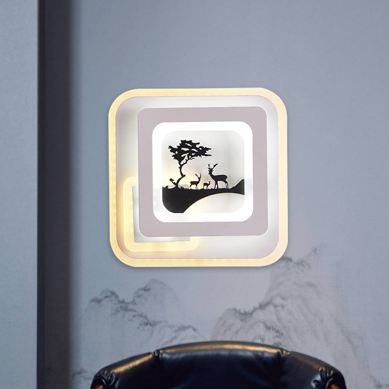 Acrylic Square Sconce Light Fixture Simplicity LED White Wall Lamp with Deer/Feather Pattern for Living Room Clearhalo 'Cast Iron' 'Glass' 'Industrial' 'Modern wall lights' 'Modern' 'Tiffany' 'Traditional wall lights' 'Wall Lamps & Sconces' 'Wall Lights' Lighting' 983259