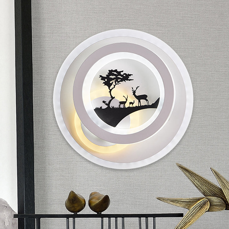 White Circular Wall Lighting Idea Simplicity LED Acrylic Sconce Light Fixture with Tree and Elk Decoration for Bedroom White Clearhalo 'Cast Iron' 'Glass' 'Industrial' 'Modern wall lights' 'Modern' 'Tiffany' 'Traditional wall lights' 'Wall Lamps & Sconces' 'Wall Lights' Lighting' 983267