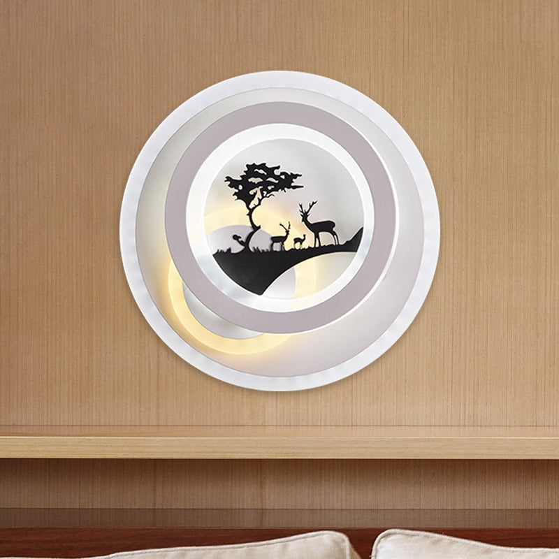 White Circular Wall Lighting Idea Simplicity LED Acrylic Sconce Light Fixture with Tree and Elk Decoration for Bedroom Clearhalo 'Cast Iron' 'Glass' 'Industrial' 'Modern wall lights' 'Modern' 'Tiffany' 'Traditional wall lights' 'Wall Lamps & Sconces' 'Wall Lights' Lighting' 983268