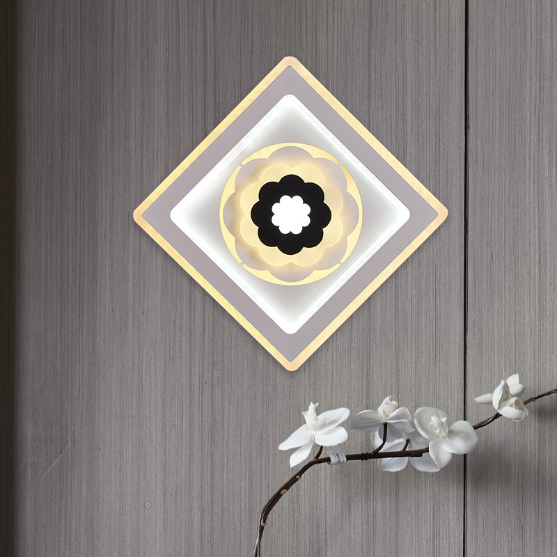 Rhombus Sconce Light Fixture Minimal Acrylic Study Room LED Wall Mount Lighting with Bloom Pattern in White and Black Clearhalo 'Cast Iron' 'Glass' 'Industrial' 'Modern wall lights' 'Modern' 'Tiffany' 'Traditional wall lights' 'Wall Lamps & Sconces' 'Wall Lights' Lighting' 983272