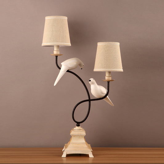 Fabric Barrel Shade Table Light Modern 2 Bulbs Flaxen Reading Lamp with Pigeons Deco Flaxen Clearhalo 'Lamps' 'Table Lamps' Lighting' 983333