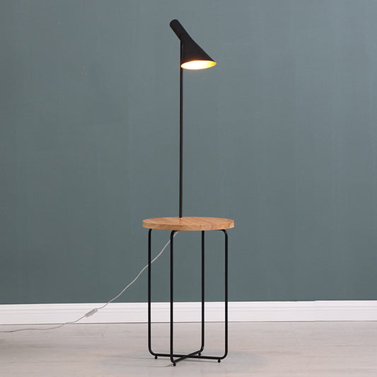 Wide Flared Shade Reading Floor Light Modern 1 Light Metallic Black Finish Floor Lamp with Wood Shelf Black Clearhalo 'Floor Lamps' 'Lamps' Lighting' 983357