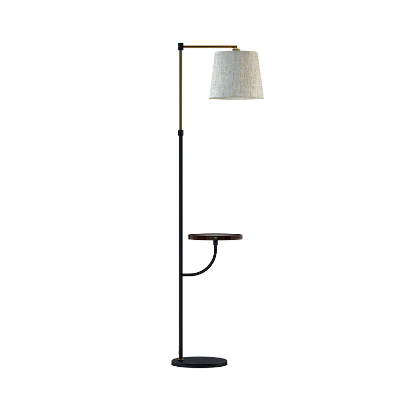 Modern Right Angle Arm Floor Light Metal 1-Light Living Room Floor Desk Lamp with Barrel Beige Fabric Shade in Black-Gold Clearhalo 'Floor Lamps' 'Lamps' Lighting' 983461
