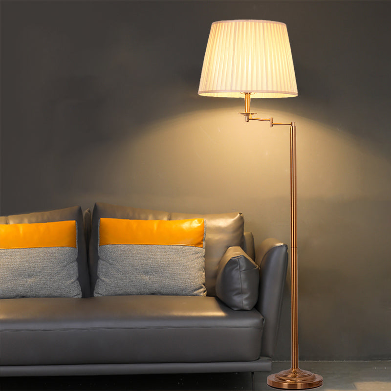 Drum Shade Floor Standing Light Post Modern Plated Fabric Single Brass Finish Adjustable Floor Lamp Clearhalo 'Floor Lamps' 'Lamps' Lighting' 983468