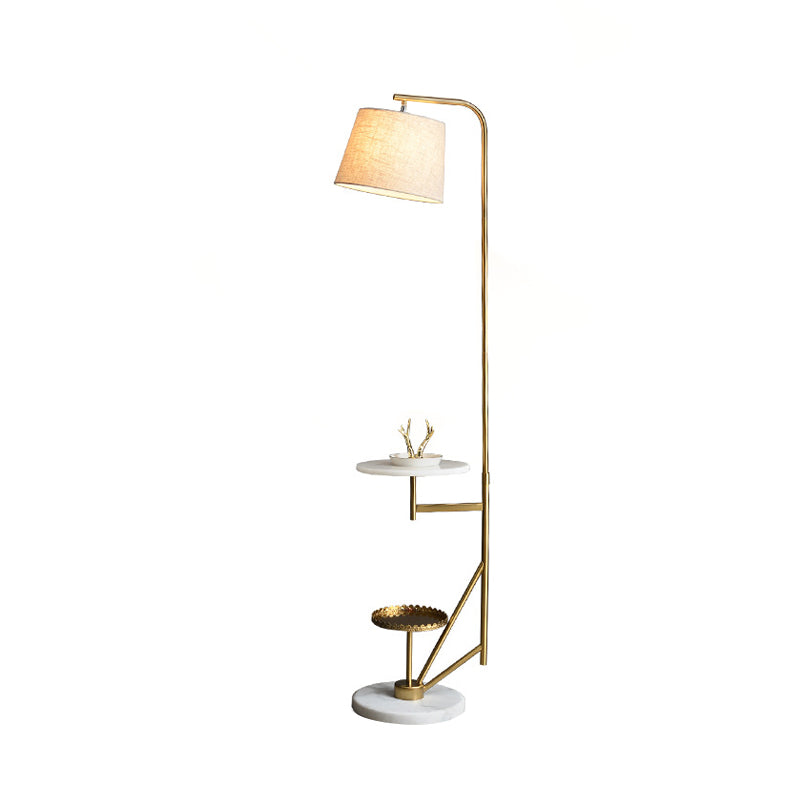Post Modern 1 Light Floor Table Light with Fabric Shade Beige Barrel Standing Lamp with Gold Curved Arm Clearhalo 'Floor Lamps' 'Lamps' Lighting' 985058