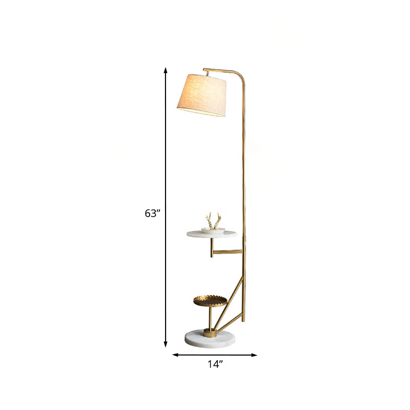 Post Modern 1 Light Floor Table Light with Fabric Shade Beige Barrel Standing Lamp with Gold Curved Arm Clearhalo 'Floor Lamps' 'Lamps' Lighting' 985059