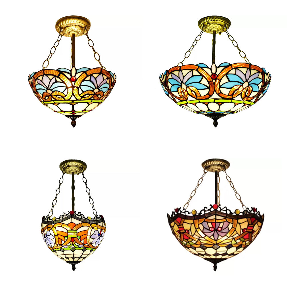 12"/16" Wide Victorian Design Bowl Ceiling Fixture Tiffany Style light Clearhalo 'Ceiling Lights' 'Close To Ceiling Lights' 'Close to ceiling' 'Glass shade' 'Glass' 'Pendant Lights' 'Semi-flushmount' 'Tiffany close to ceiling' 'Tiffany' Lighting' 98540
