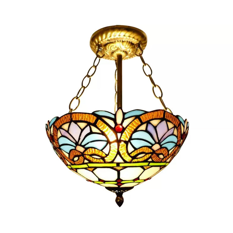 12"/16" Wide Victorian Design Bowl Ceiling Fixture Tiffany Style light Brass 12" Clearhalo 'Ceiling Lights' 'Close To Ceiling Lights' 'Close to ceiling' 'Glass shade' 'Glass' 'Pendant Lights' 'Semi-flushmount' 'Tiffany close to ceiling' 'Tiffany' Lighting' 98541