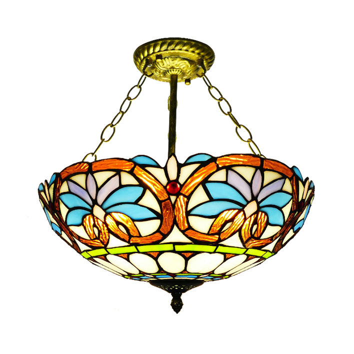 12"/16" Wide Victorian Design Bowl Ceiling Fixture Tiffany Style light Orange-Blue 16" Clearhalo 'Ceiling Lights' 'Close To Ceiling Lights' 'Close to ceiling' 'Glass shade' 'Glass' 'Pendant Lights' 'Semi-flushmount' 'Tiffany close to ceiling' 'Tiffany' Lighting' 98543