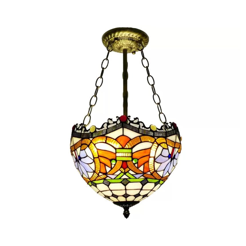 12"/16" Wide Victorian Design Bowl Ceiling Fixture Tiffany Style light Orange-Purple 12" Clearhalo 'Ceiling Lights' 'Close To Ceiling Lights' 'Close to ceiling' 'Glass shade' 'Glass' 'Pendant Lights' 'Semi-flushmount' 'Tiffany close to ceiling' 'Tiffany' Lighting' 98545