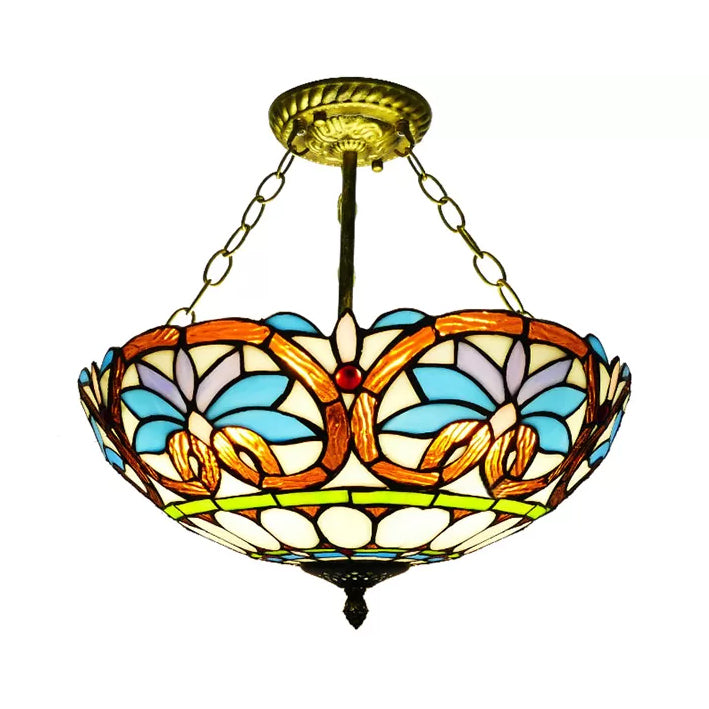 12"/16" Wide Victorian Design Bowl Ceiling Fixture Tiffany Style light Brass 16" Clearhalo 'Ceiling Lights' 'Close To Ceiling Lights' 'Close to ceiling' 'Glass shade' 'Glass' 'Pendant Lights' 'Semi-flushmount' 'Tiffany close to ceiling' 'Tiffany' Lighting' 98549