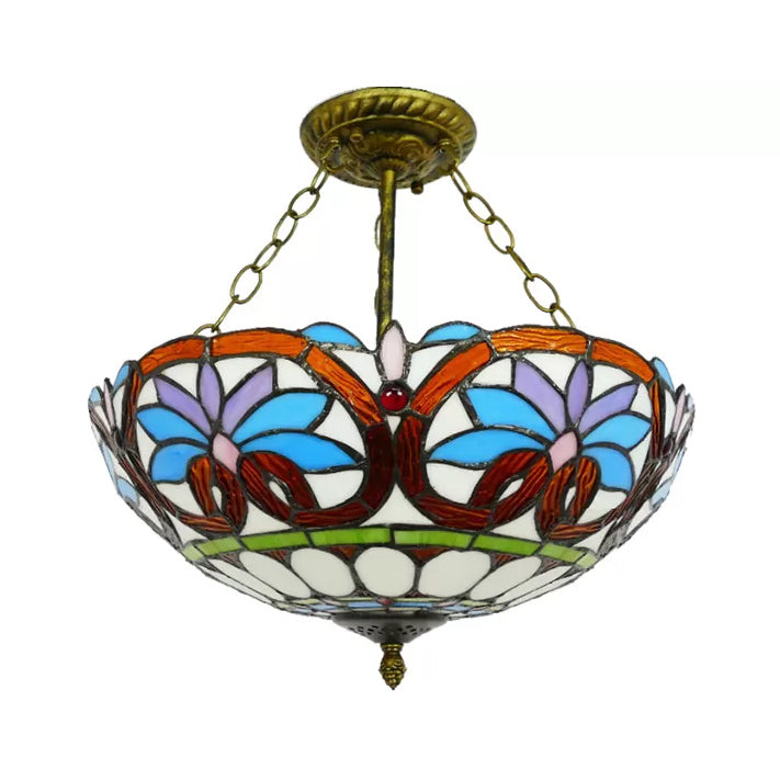 12"/16" Wide Victorian Design Bowl Ceiling Fixture Tiffany Style light Clearhalo 'Ceiling Lights' 'Close To Ceiling Lights' 'Close to ceiling' 'Glass shade' 'Glass' 'Pendant Lights' 'Semi-flushmount' 'Tiffany close to ceiling' 'Tiffany' Lighting' 98550