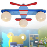 Cartoon Propeller Airplane Ceiling Light with Globe Shade 3 Lights Wood Flush Mount Light for Boys Bedroom Blue Clearhalo 'Ceiling Lights' 'Close To Ceiling Lights' 'Close to ceiling' 'Flush mount' Lighting' 98565