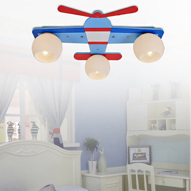 Cartoon Propeller Airplane Ceiling Light with Globe Shade 3 Lights Wood Flush Mount Light for Boys Bedroom Clearhalo 'Ceiling Lights' 'Close To Ceiling Lights' 'Close to ceiling' 'Flush mount' Lighting' 98566