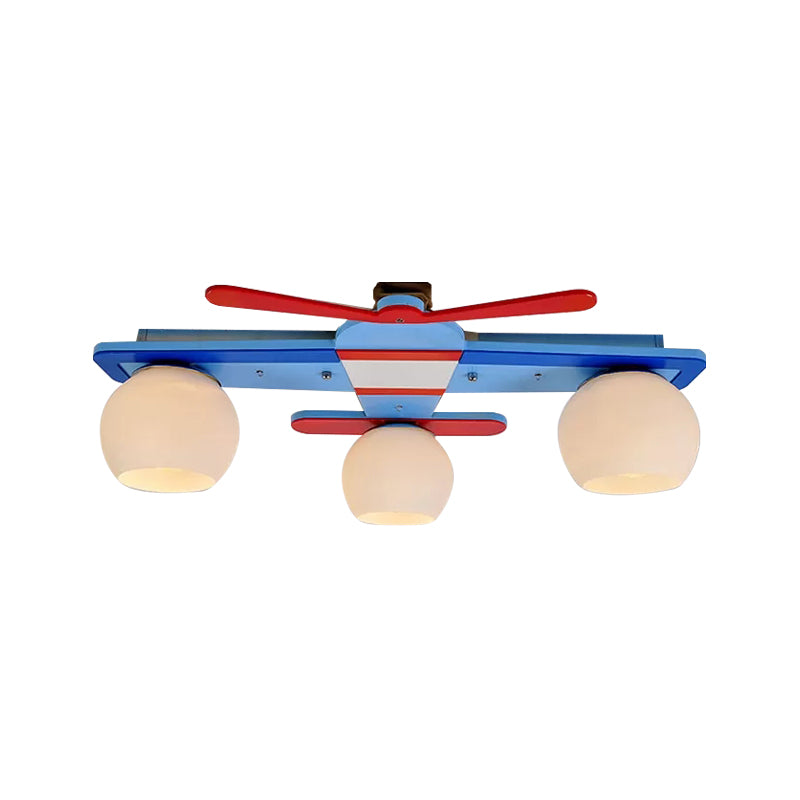 Cartoon Propeller Airplane Ceiling Light with Globe Shade 3 Lights Wood Flush Mount Light for Boys Bedroom Clearhalo 'Ceiling Lights' 'Close To Ceiling Lights' 'Close to ceiling' 'Flush mount' Lighting' 98567