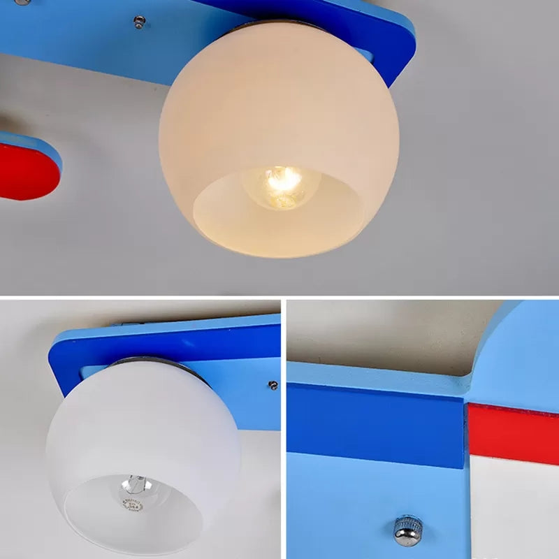 Cartoon Propeller Airplane Ceiling Light with Globe Shade 3 Lights Wood Flush Mount Light for Boys Bedroom Clearhalo 'Ceiling Lights' 'Close To Ceiling Lights' 'Close to ceiling' 'Flush mount' Lighting' 98569