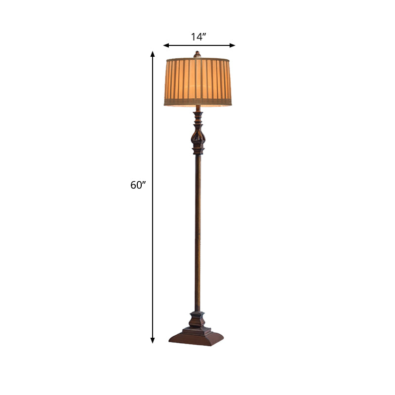 Traditional 1 Head Wood Standing Floor Light with Plated Fabric Shade Dark Coffee Drum Floor Lamp Clearhalo 'Floor Lamps' 'Lamps' Lighting' 987642