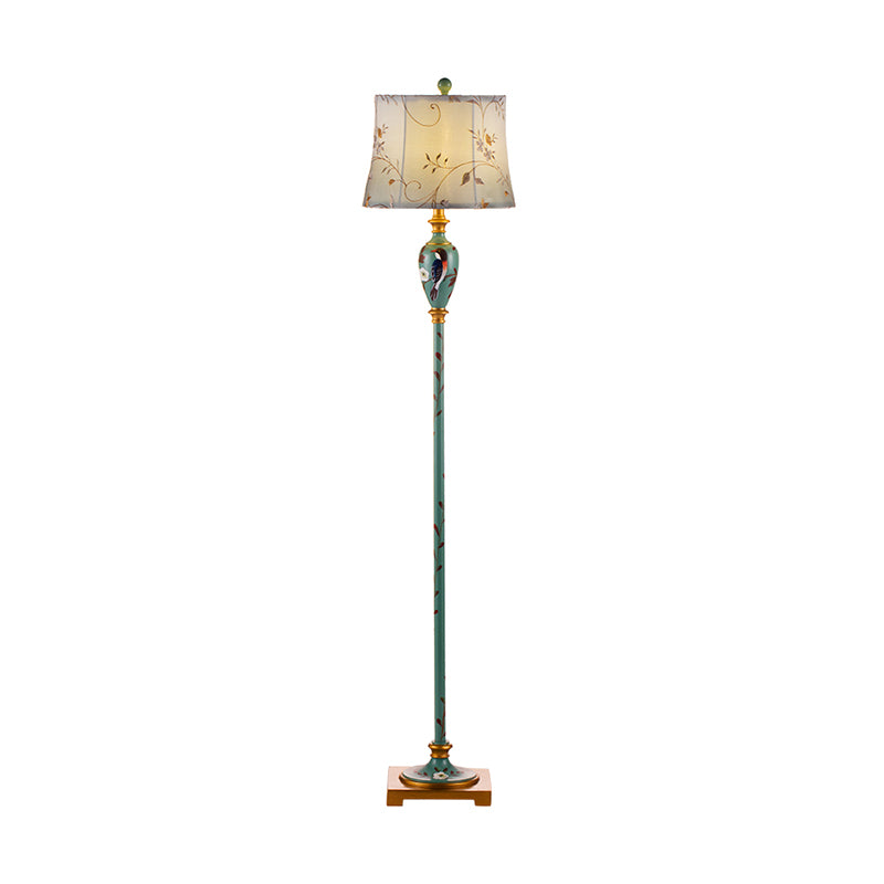 Green Patterned Vase Stand Up Lamp Traditional 1-Light Wood Standing Floor Light with Bell Fabric Shade Clearhalo 'Floor Lamps' 'Lamps' Lighting' 987652