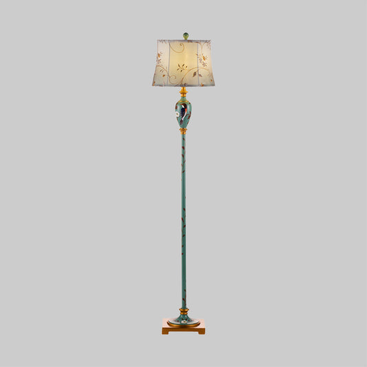 Green Patterned Vase Stand Up Lamp Traditional 1-Light Wood Standing Floor Light with Bell Fabric Shade Clearhalo 'Floor Lamps' 'Lamps' Lighting' 987653