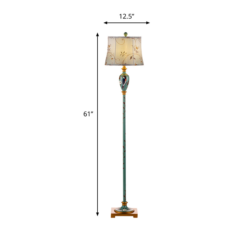 Green Patterned Vase Stand Up Lamp Traditional 1-Light Wood Standing Floor Light with Bell Fabric Shade Clearhalo 'Floor Lamps' 'Lamps' Lighting' 987654
