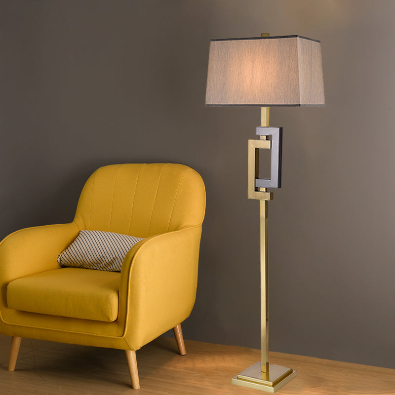 Gold Finish Rectangle Standing Floor Light Modern Single Brown Fabric Shade Floor Lamp Gold Clearhalo 'Floor Lamps' 'Lamps' Lighting' 987655